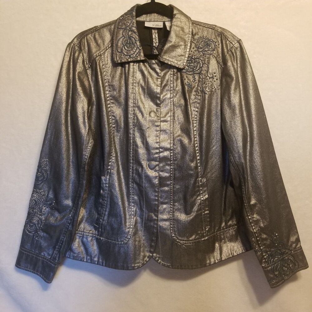 CHICO’S Platinum 2 (L) Jacket Silver Metallic Embroidered Jeweled Shimmer Boho
